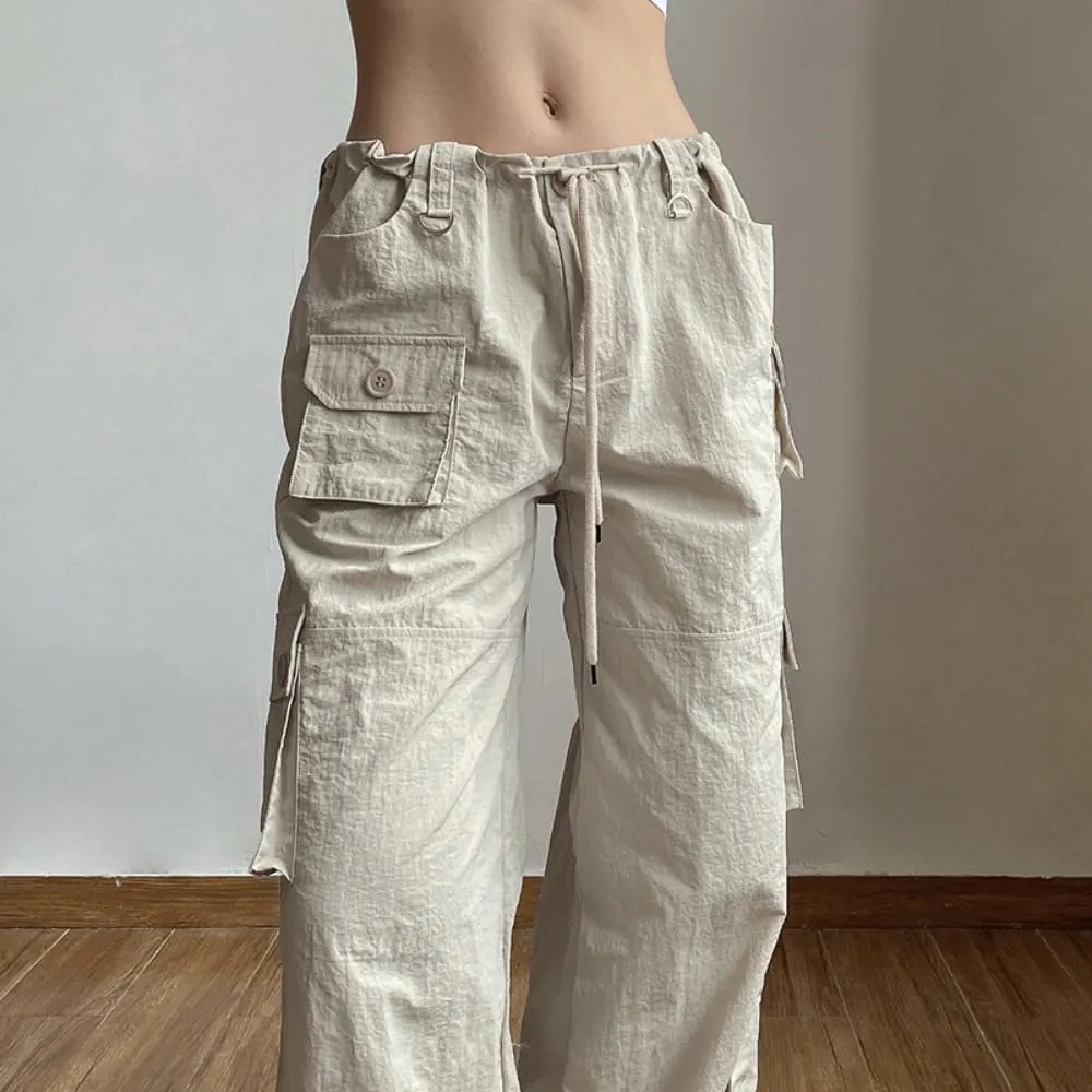 Multi-Pocket Straight Leg Y2k Retro Streetwear Pants Casual Wide Leg Parachute Pants Trendy Cargo Pants Drawstring Pants