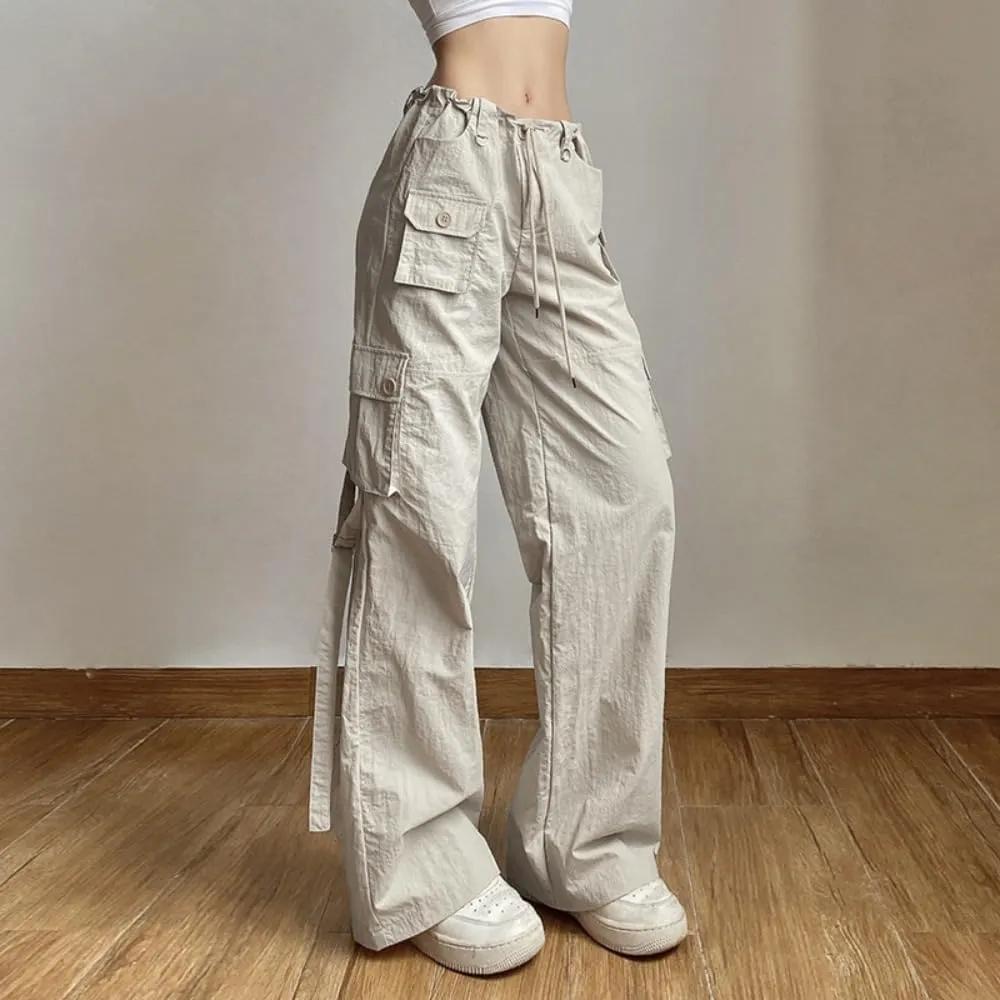 Multi-Pocket Straight Leg Y2k Retro Streetwear Pants Casual Wide Leg Parachute Pants Trendy Cargo Pants Drawstring Pants