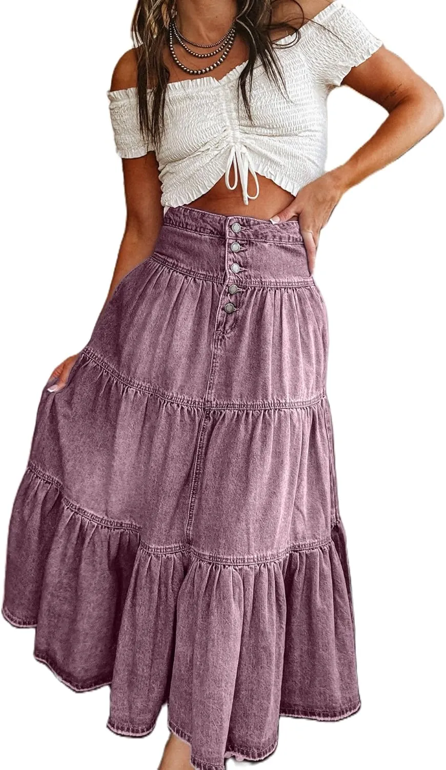 Mxiqqpltky Women's Denim Maxi Skirt High Waist Button Front Tiered Ruffle Swing A-Line Jean Long Skirt Y2k Streetwear