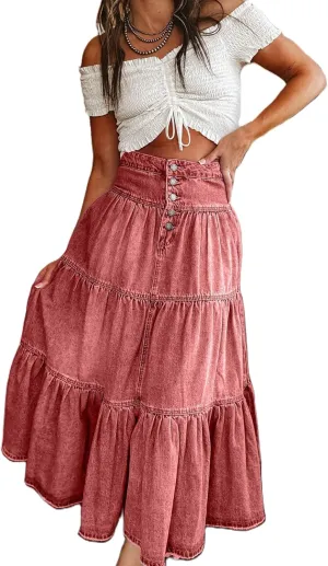 Mxiqqpltky Women's Denim Maxi Skirt High Waist Button Front Tiered Ruffle Swing A-Line Jean Long Skirt Y2k Streetwear
