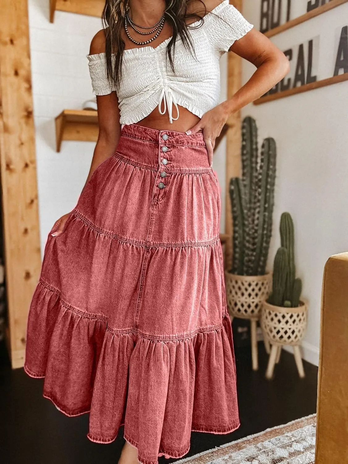 Mxiqqpltky Women's Denim Maxi Skirt High Waist Button Front Tiered Ruffle Swing A-Line Jean Long Skirt Y2k Streetwear