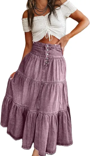 Mxiqqpltky Women's Denim Maxi Skirt High Waist Button Front Tiered Ruffle Swing A-Line Jean Long Skirt Y2k Streetwear