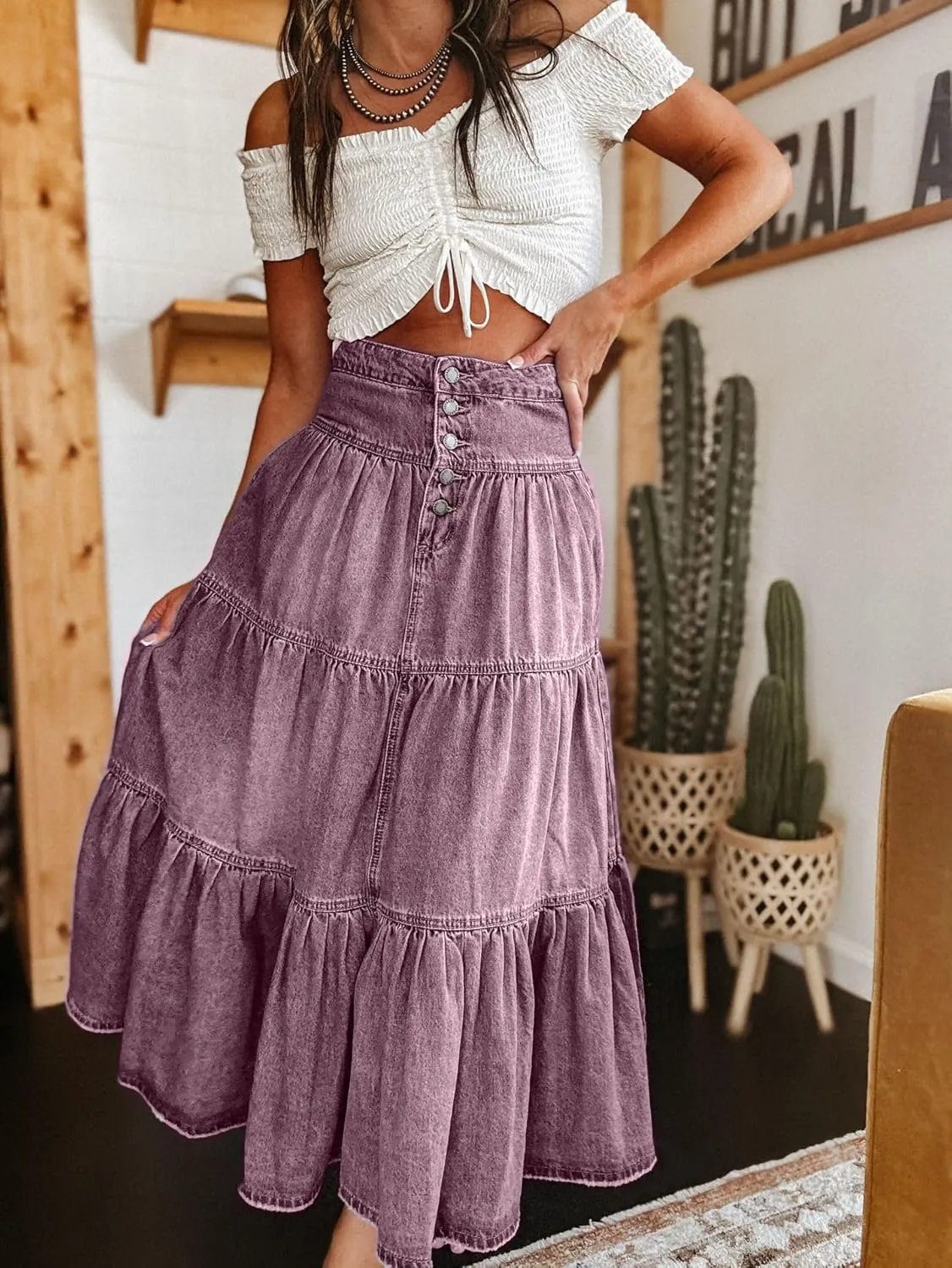Mxiqqpltky Women's Denim Maxi Skirt High Waist Button Front Tiered Ruffle Swing A-Line Jean Long Skirt Y2k Streetwear