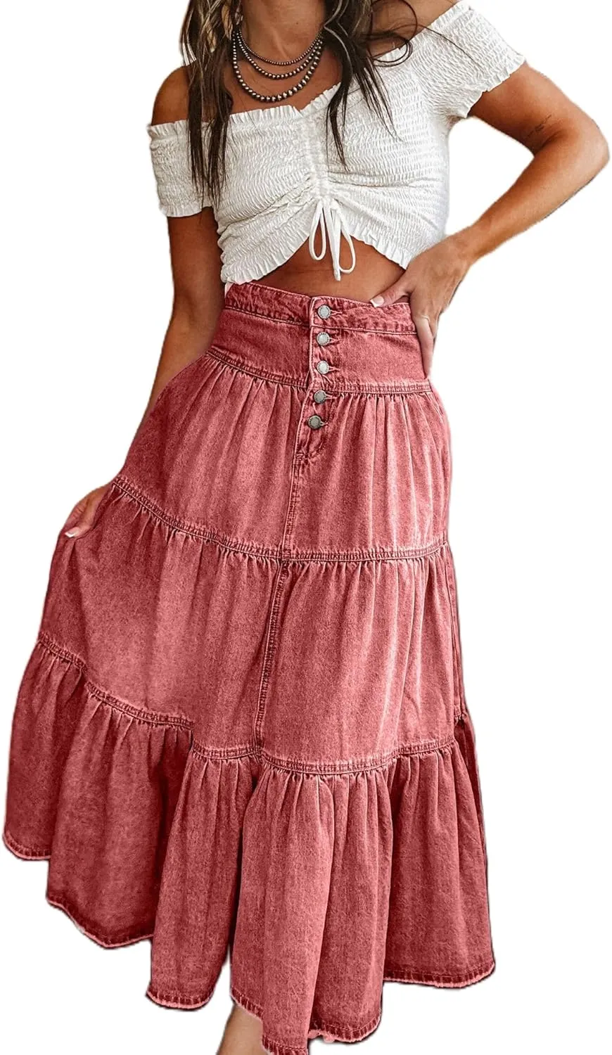 Mxiqqpltky Women's Denim Maxi Skirt High Waist Button Front Tiered Ruffle Swing A-Line Jean Long Skirt Y2k Streetwear