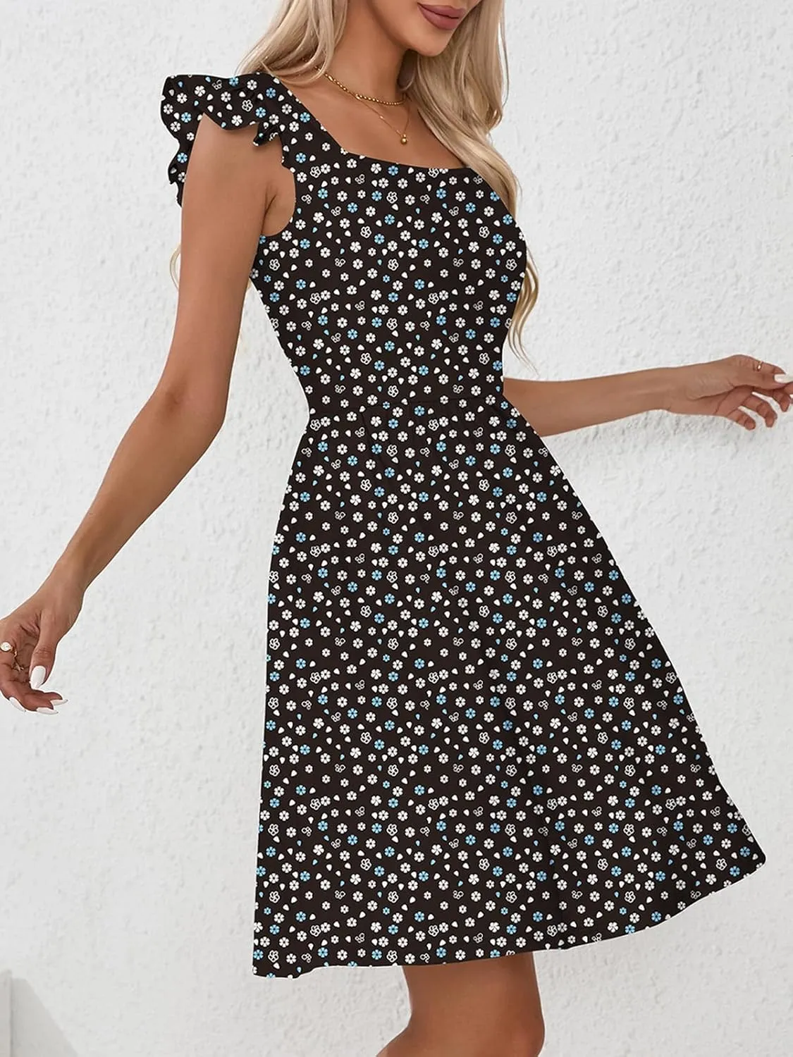 Naggoo Women's Summer Dresses Casual Square Neck Floral Sundress with Pockets A Line Flowy Beach Dress