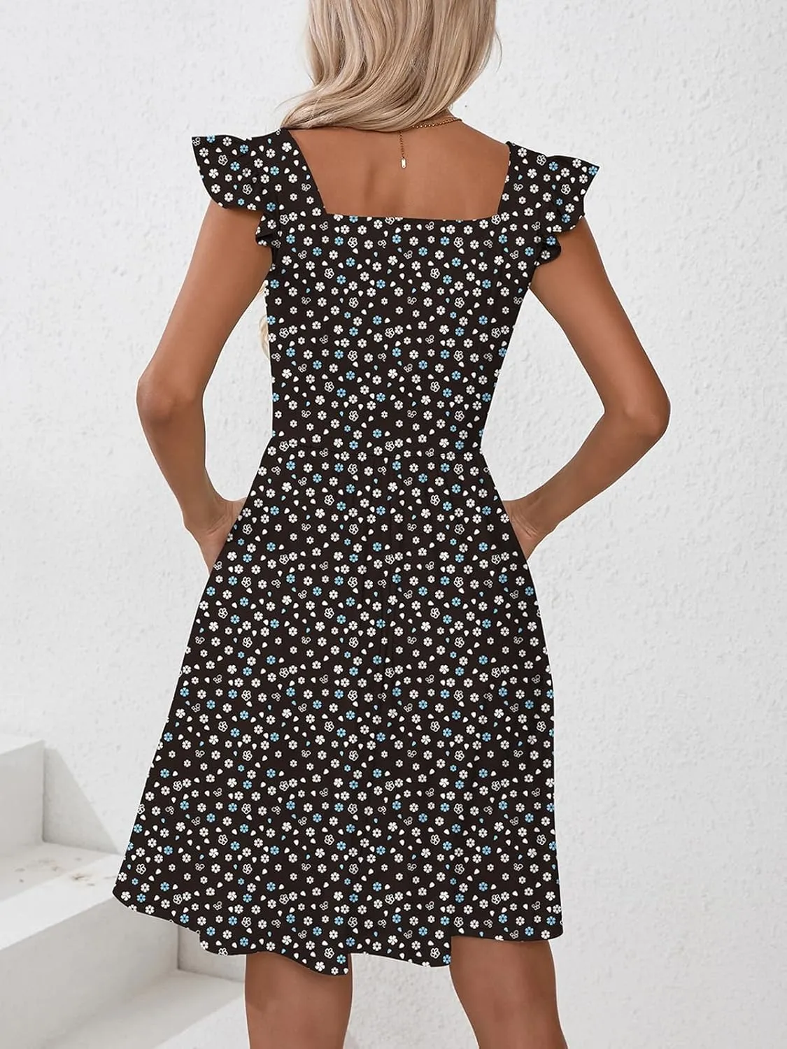 Naggoo Women's Summer Dresses Casual Square Neck Floral Sundress with Pockets A Line Flowy Beach Dress