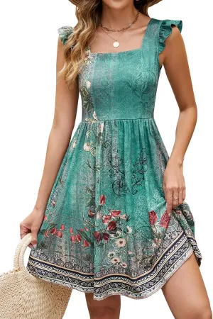 Naggoo Women's Summer Dresses Casual Square Neck Floral Sundress with Pockets A Line Flowy Beach Dress