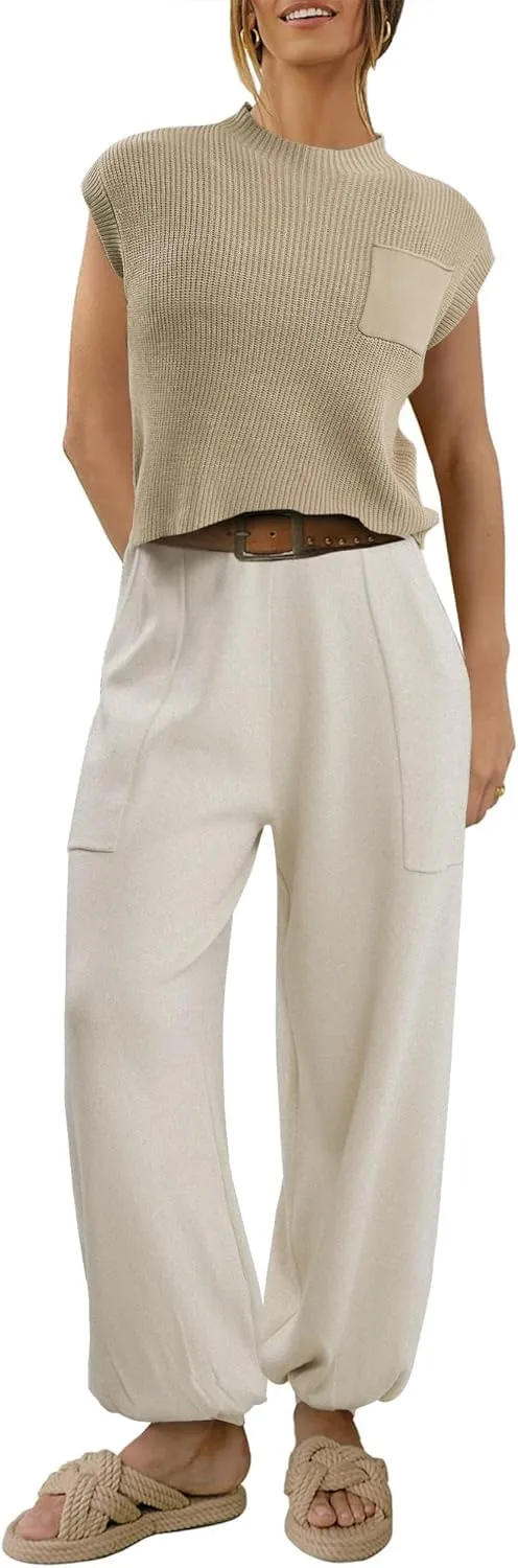 NANYUAYA Two Piece Outfits Sweater Sets for Women Lounge Sets Knit Pullover Tops and High Waisted Pants Fashion Loungewear