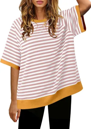 Nirovien Womens Striped Short Sleeve Tshirt Oversized Crewneck Shirt Color Block Tee Shirts Summer Tunic Tops