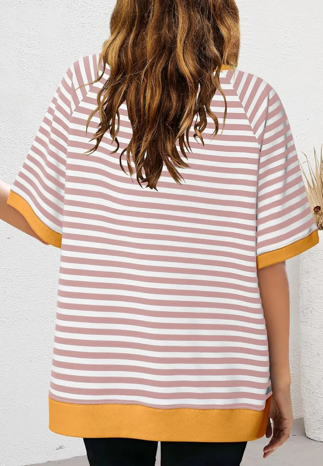 Nirovien Womens Striped Short Sleeve Tshirt Oversized Crewneck Shirt Color Block Tee Shirts Summer Tunic Tops