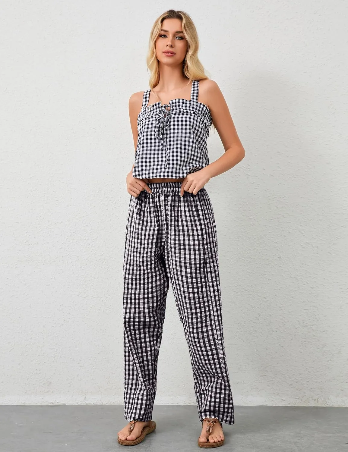 OLAPTA Women Plaid Print Gingham Comfy Lounge Pants Wide Leg Mid Rise Elastic Waist Loose Casual Long Trousers with Pockets