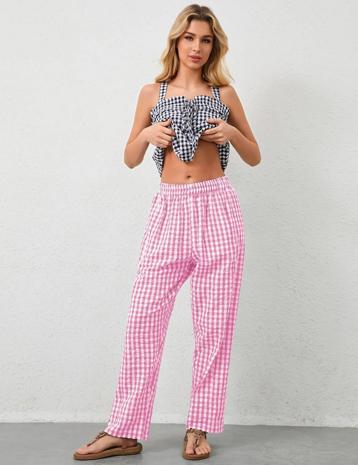 OLAPTA Women Plaid Print Gingham Comfy Lounge Pants Wide Leg Mid Rise Elastic Waist Loose Casual Long Trousers with Pockets