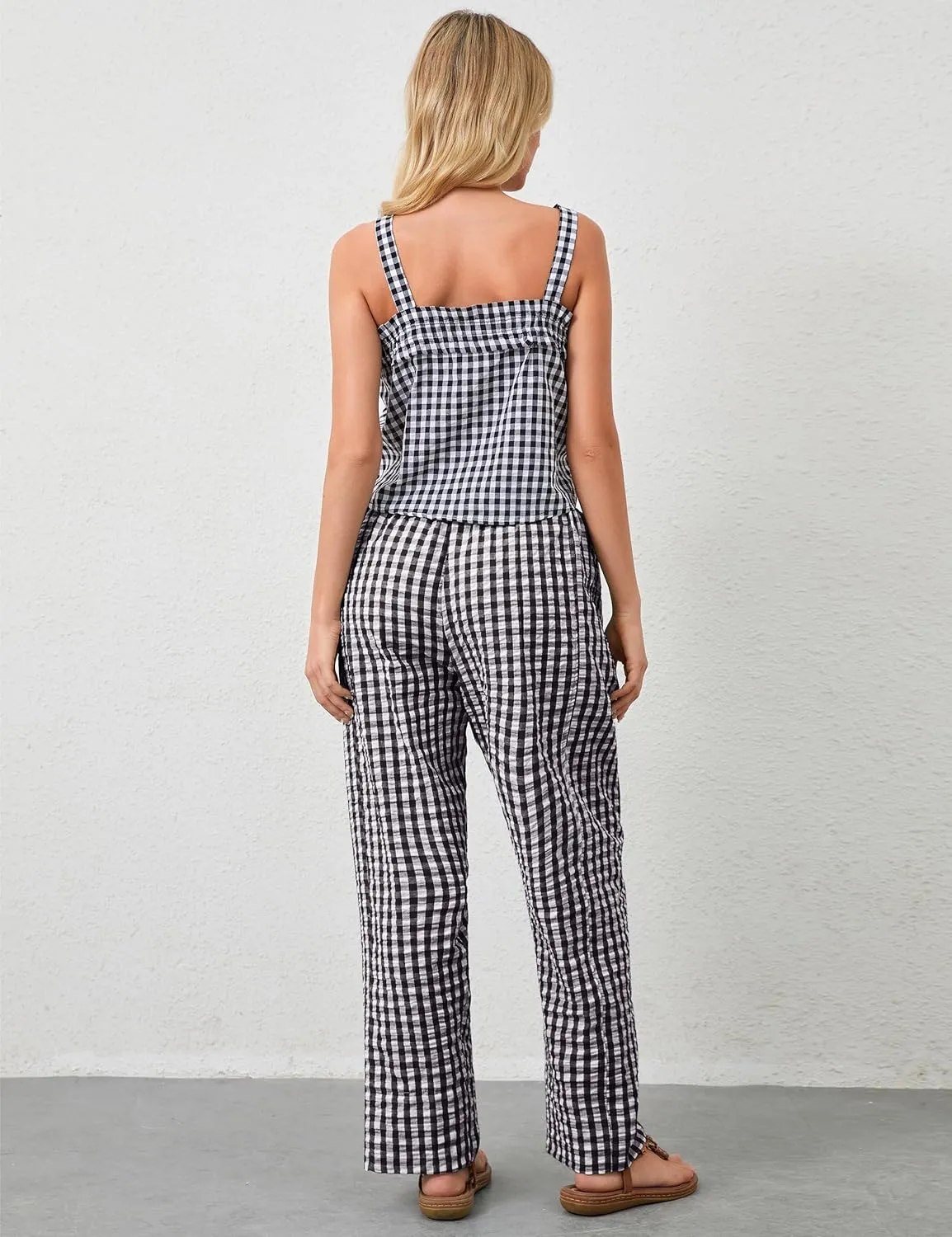 OLAPTA Women Plaid Print Gingham Comfy Lounge Pants Wide Leg Mid Rise Elastic Waist Loose Casual Long Trousers with Pockets