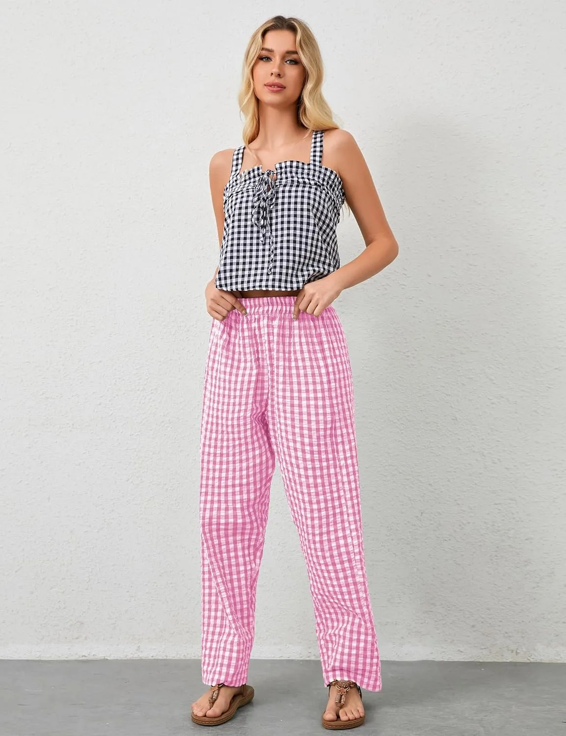 OLAPTA Women Plaid Print Gingham Comfy Lounge Pants Wide Leg Mid Rise Elastic Waist Loose Casual Long Trousers with Pockets
