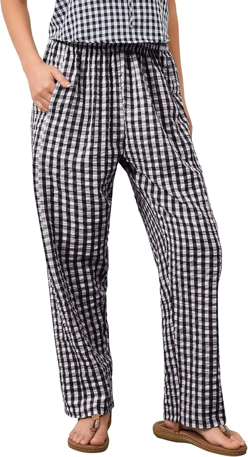 OLAPTA Women Plaid Print Gingham Comfy Lounge Pants Wide Leg Mid Rise Elastic Waist Loose Casual Long Trousers with Pockets