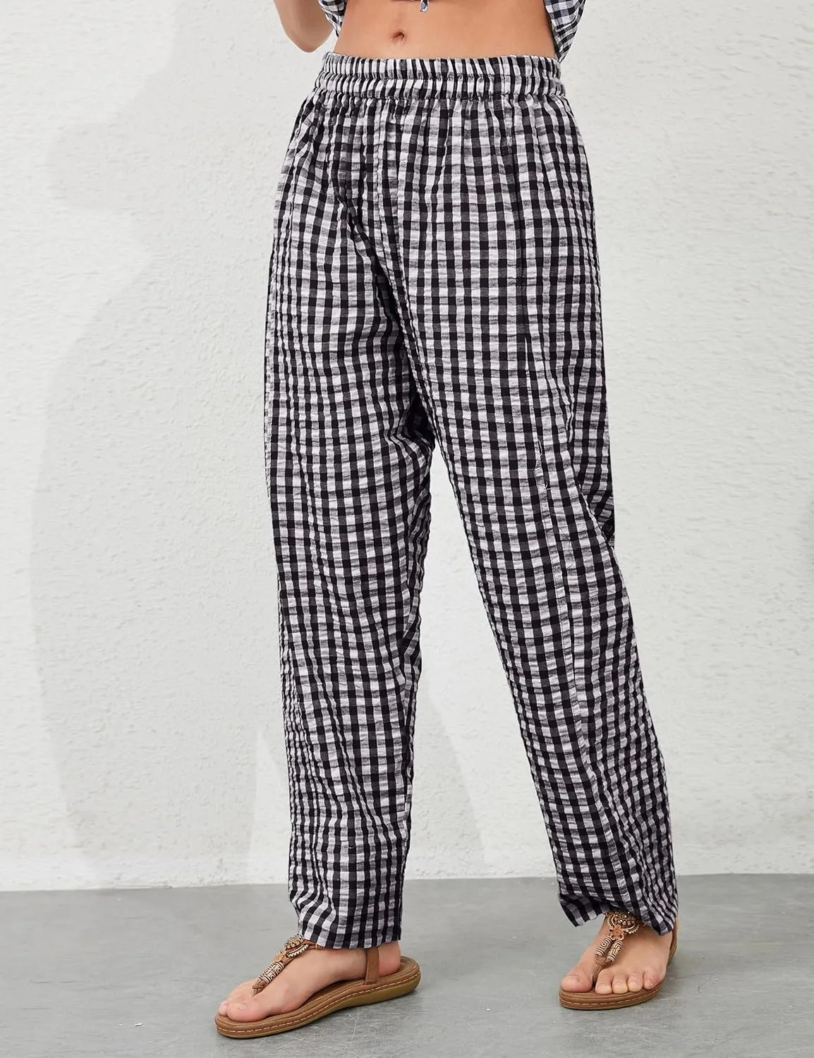 OLAPTA Women Plaid Print Gingham Comfy Lounge Pants Wide Leg Mid Rise Elastic Waist Loose Casual Long Trousers with Pockets
