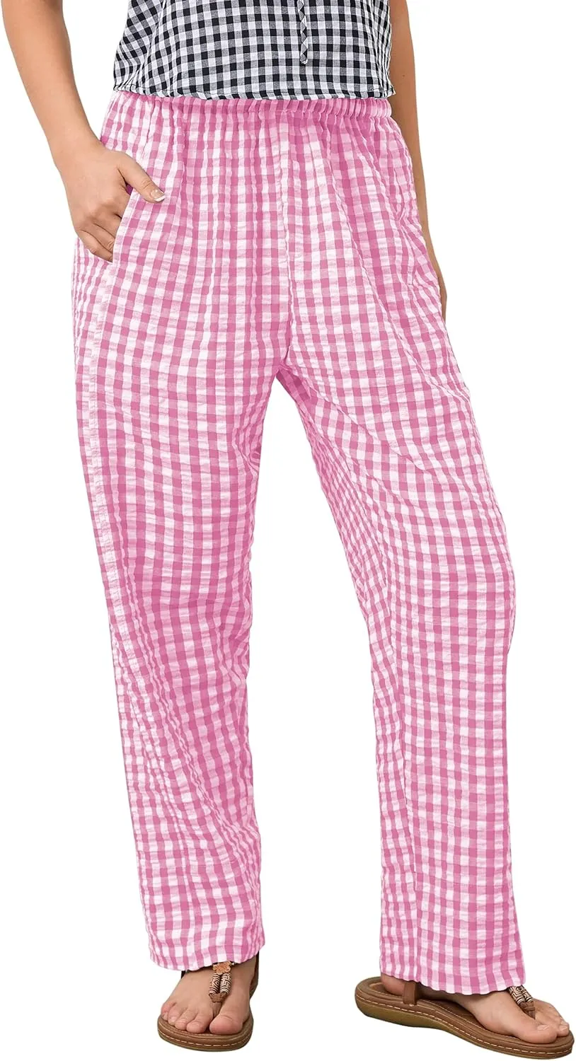 OLAPTA Women Plaid Print Gingham Comfy Lounge Pants Wide Leg Mid Rise Elastic Waist Loose Casual Long Trousers with Pockets
