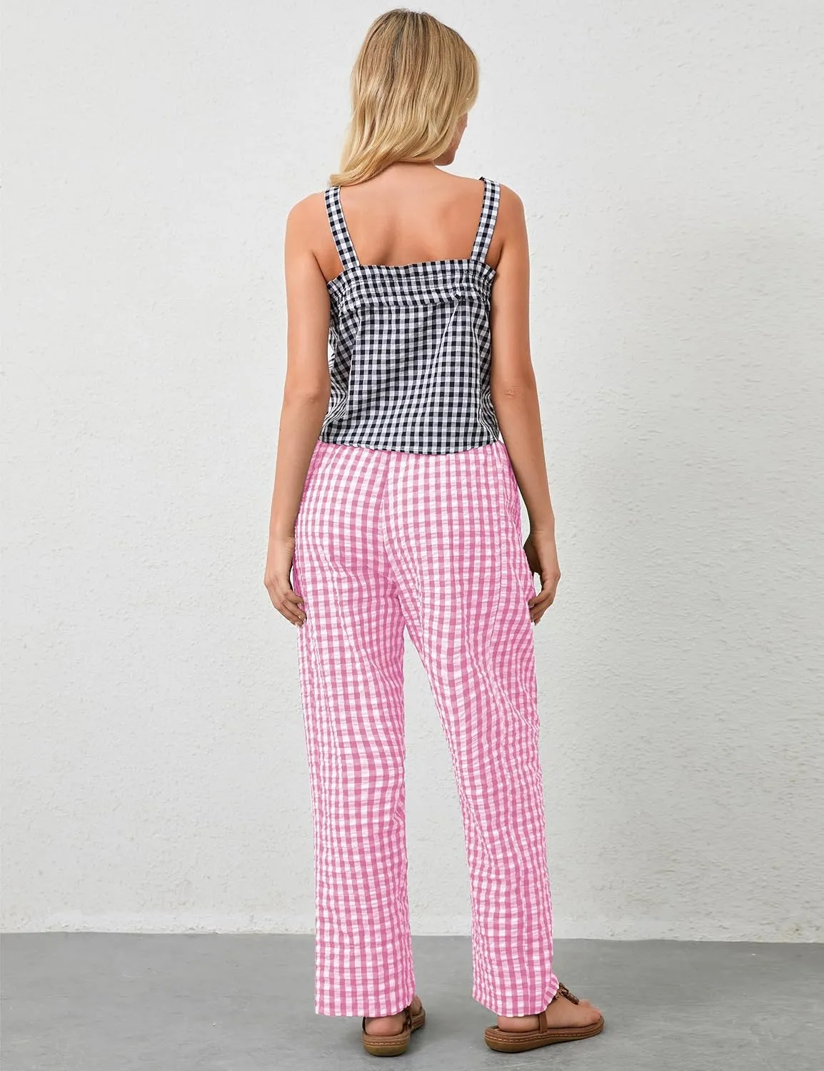 OLAPTA Women Plaid Print Gingham Comfy Lounge Pants Wide Leg Mid Rise Elastic Waist Loose Casual Long Trousers with Pockets