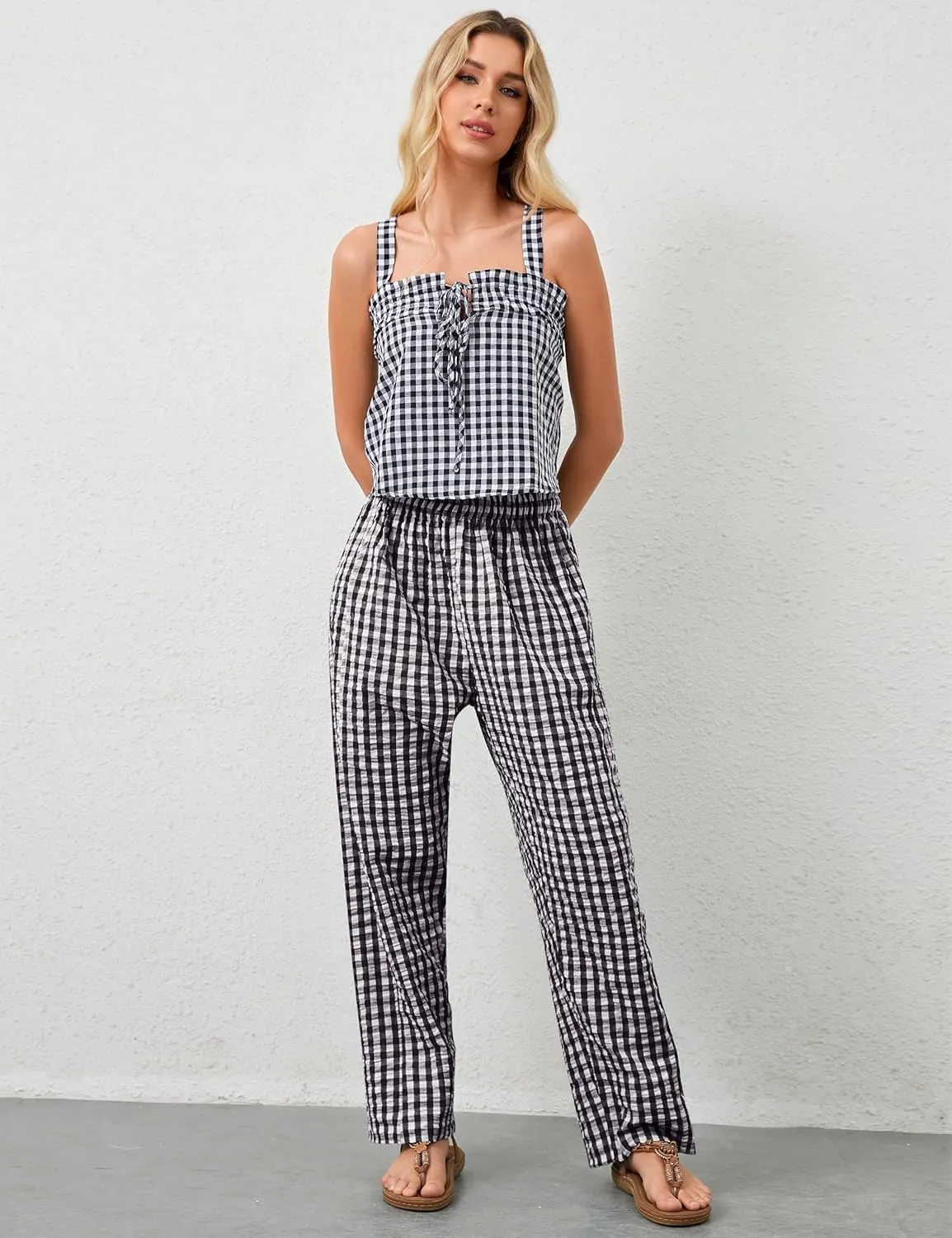 OLAPTA Women Plaid Print Gingham Comfy Lounge Pants Wide Leg Mid Rise Elastic Waist Loose Casual Long Trousers with Pockets