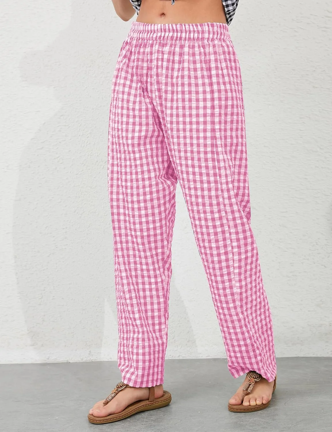 OLAPTA Women Plaid Print Gingham Comfy Lounge Pants Wide Leg Mid Rise Elastic Waist Loose Casual Long Trousers with Pockets