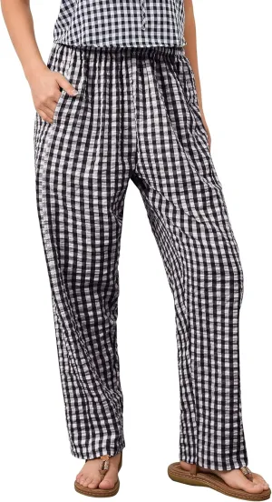 OLAPTA Women Plaid Print Gingham Comfy Lounge Pants Wide Leg Mid Rise Elastic Waist Loose Casual Long Trousers with Pockets