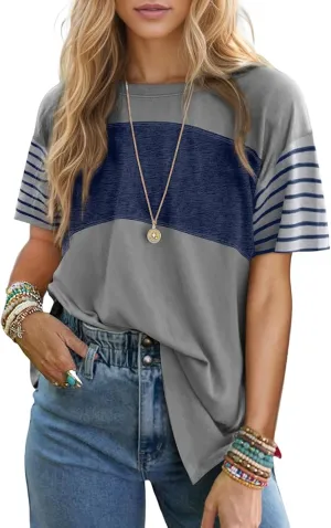 Oversized T Shirts for Women Striped Summer Tops 2025 Short Sleeve Trendy Color Block Crewneck Casual Shirts Blouse
