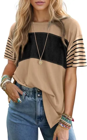 Oversized T Shirts for Women Striped Summer Tops 2025 Short Sleeve Trendy Color Block Crewneck Casual Shirts Blouse