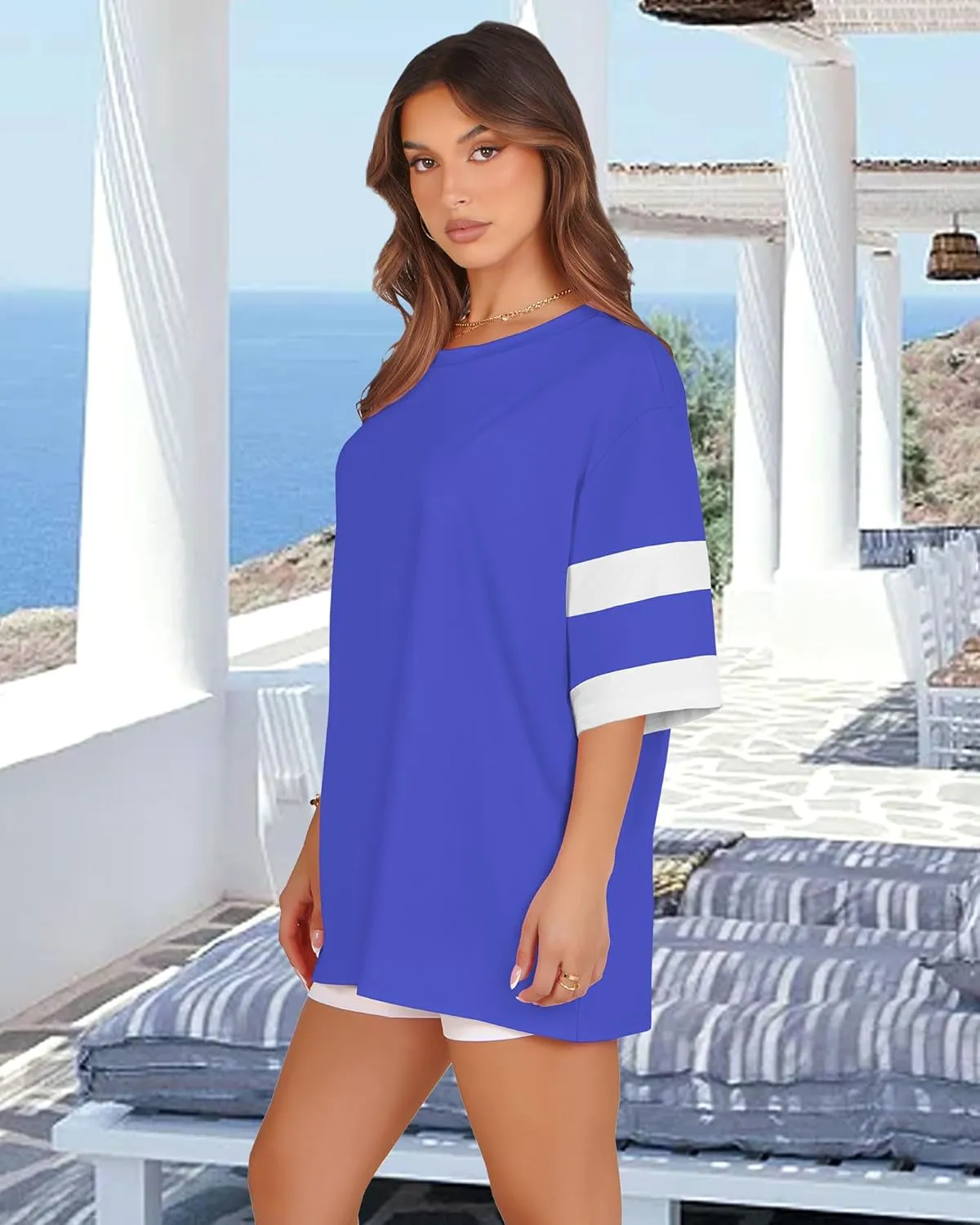 Oversized Tshirts for Women Summer Round Neck Striped Loose Tee Tops