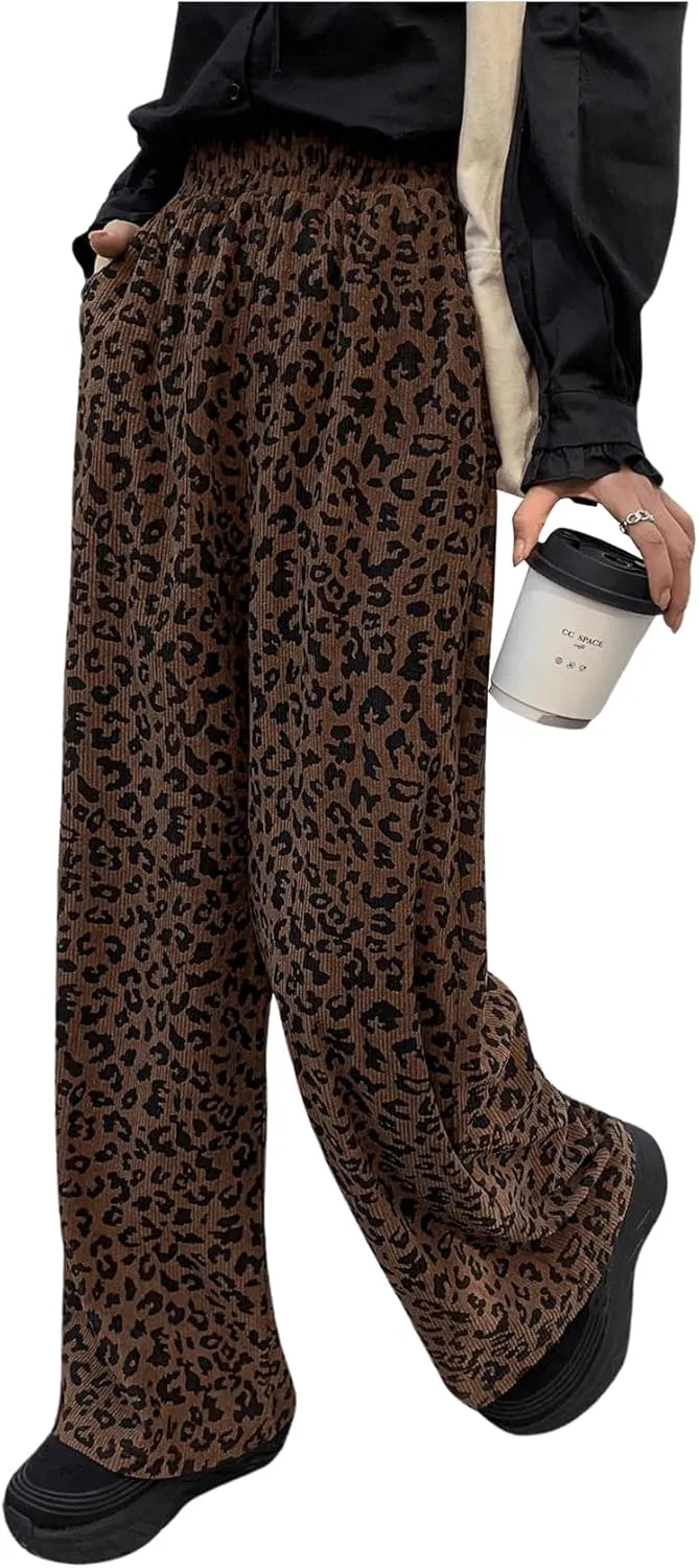 OYOANGLE Women's All Over Print High Elastic Waisted Pants Straight Leg Loose Fit Trousers Streetwear