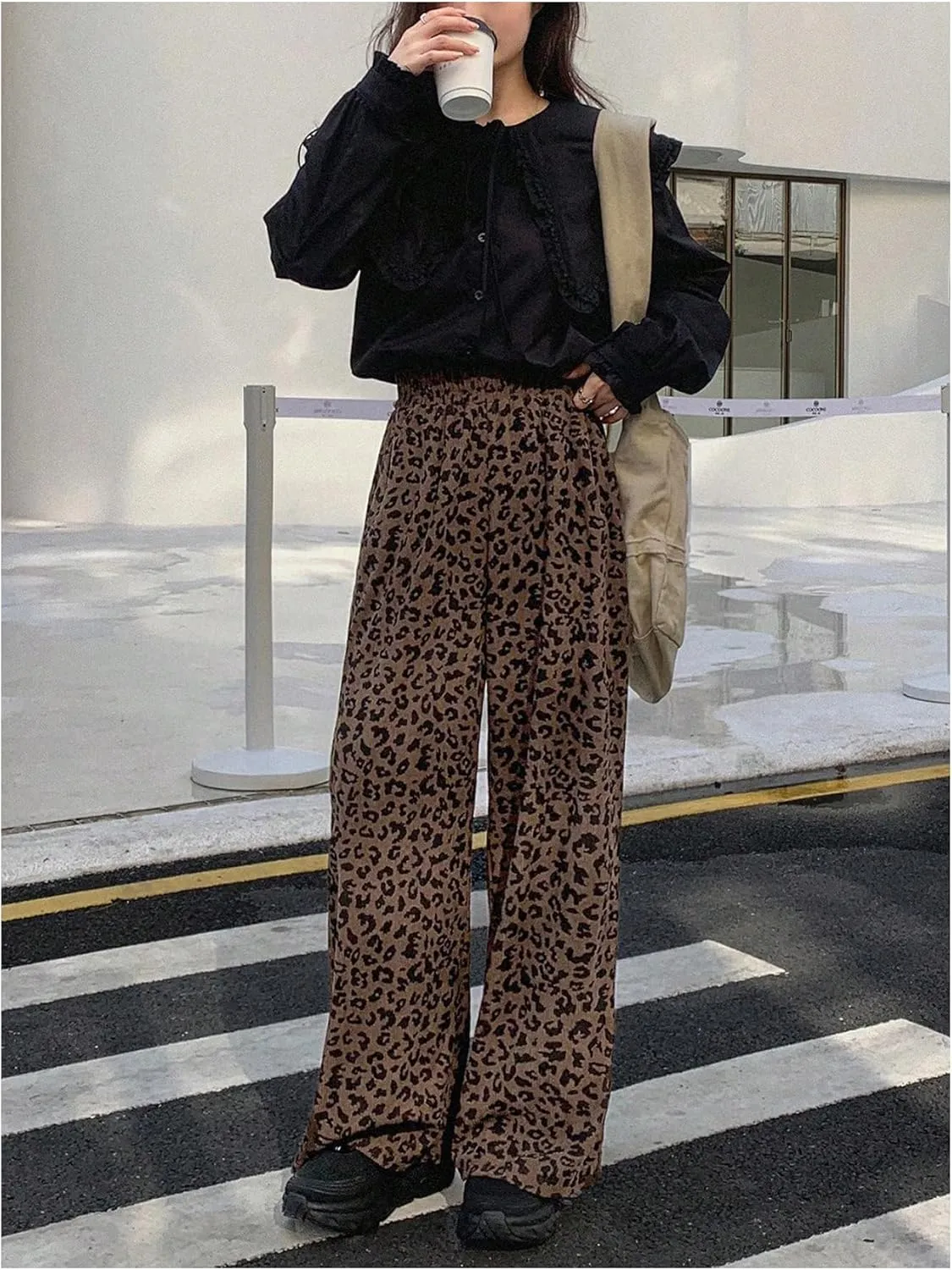 OYOANGLE Women's All Over Print High Elastic Waisted Pants Straight Leg Loose Fit Trousers Streetwear
