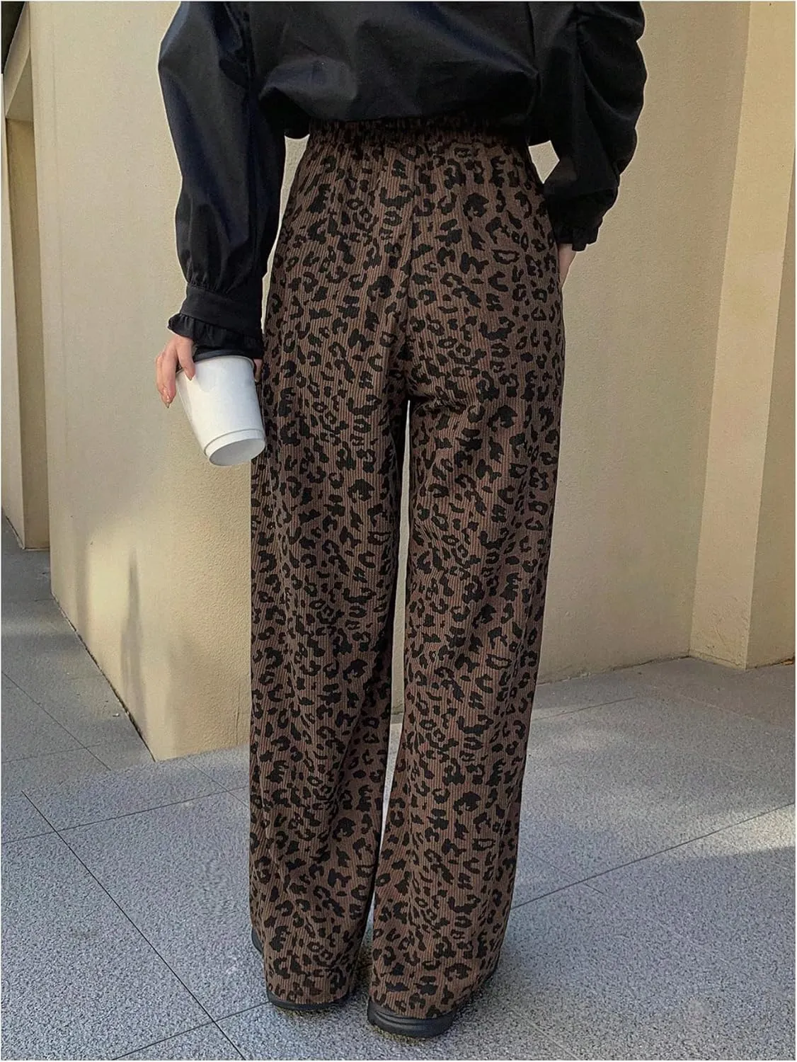 OYOANGLE Women's All Over Print High Elastic Waisted Pants Straight Leg Loose Fit Trousers Streetwear