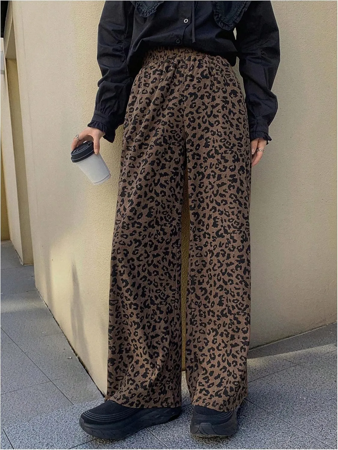 OYOANGLE Women's All Over Print High Elastic Waisted Pants Straight Leg Loose Fit Trousers Streetwear