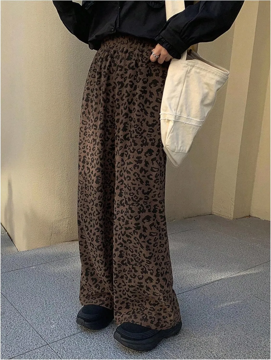 OYOANGLE Women's All Over Print High Elastic Waisted Pants Straight Leg Loose Fit Trousers Streetwear