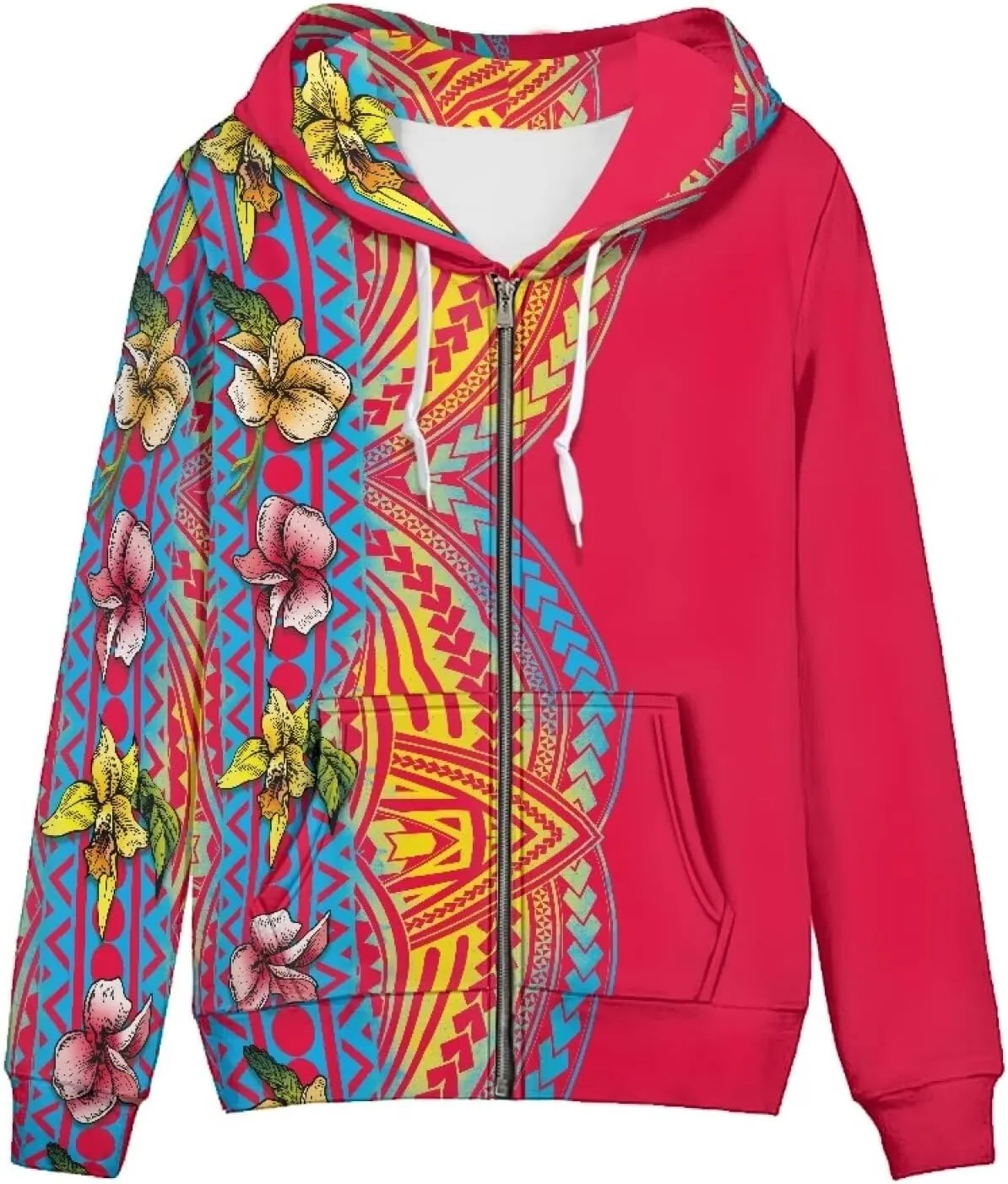 Pacific Island Art Tribal Zip Up Hoodie for Women Casual Polynesian Samoan Traditional Hooded Sweatshirt Jacket