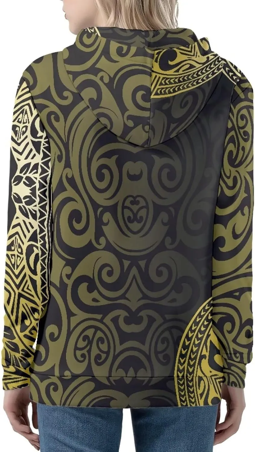 Pacific Island Art Tribal Zip Up Hoodie for Women Casual Polynesian Samoan Traditional Hooded Sweatshirt Jacket