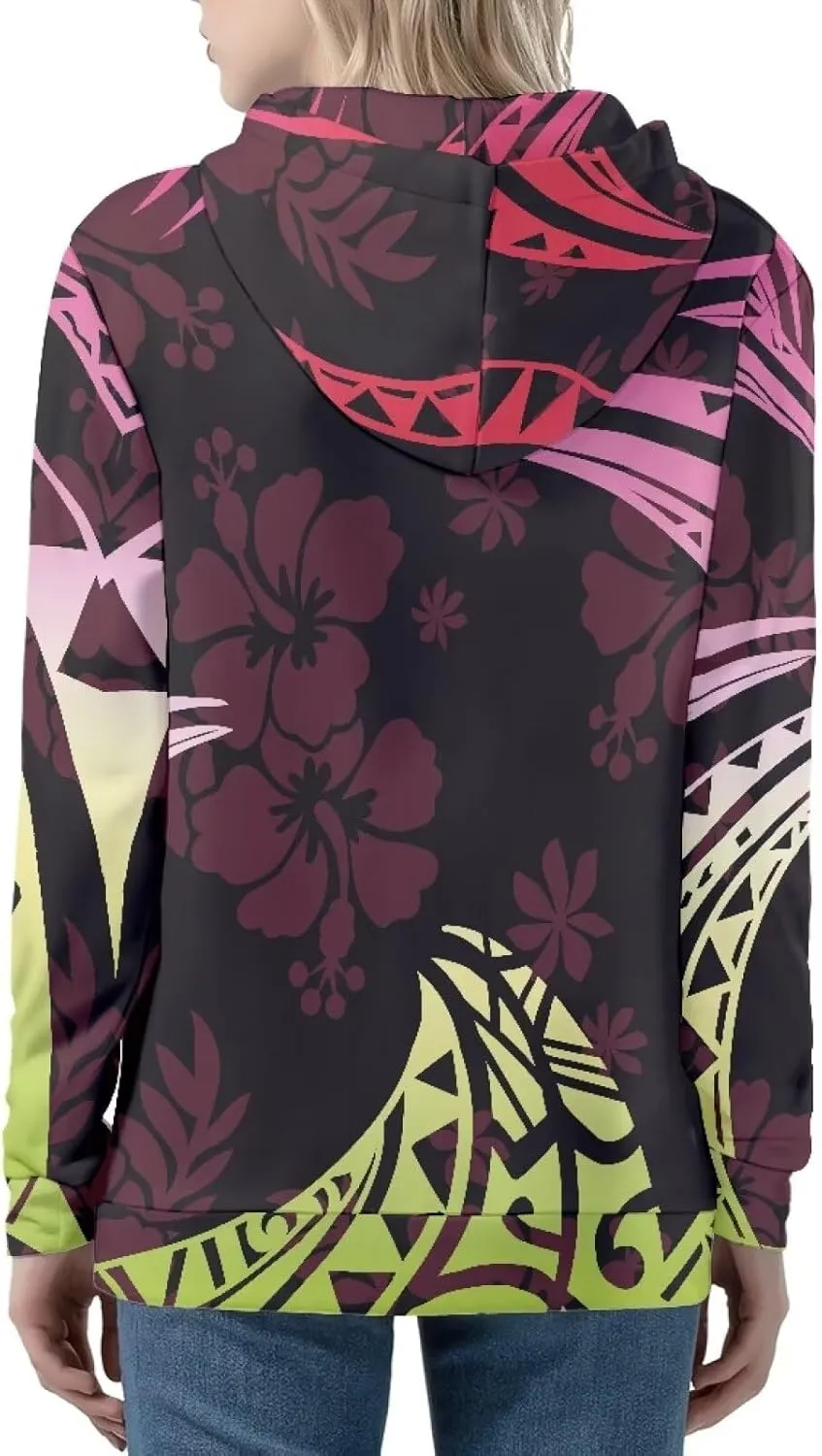 Pacific Island Art Tribal Zip Up Hoodie for Women Casual Polynesian Samoan Traditional Hooded Sweatshirt Jacket