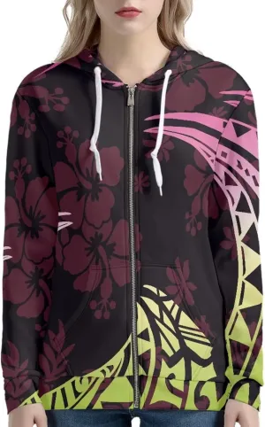 Pacific Island Art Tribal Zip Up Hoodie for Women Casual Polynesian Samoan Traditional Hooded Sweatshirt Jacket