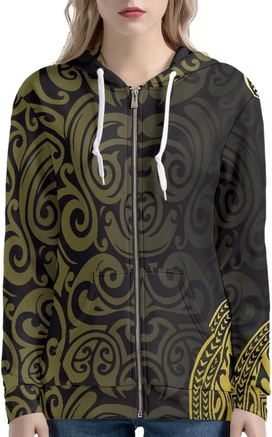 Pacific Island Art Tribal Zip Up Hoodie for Women Casual Polynesian Samoan Traditional Hooded Sweatshirt Jacket