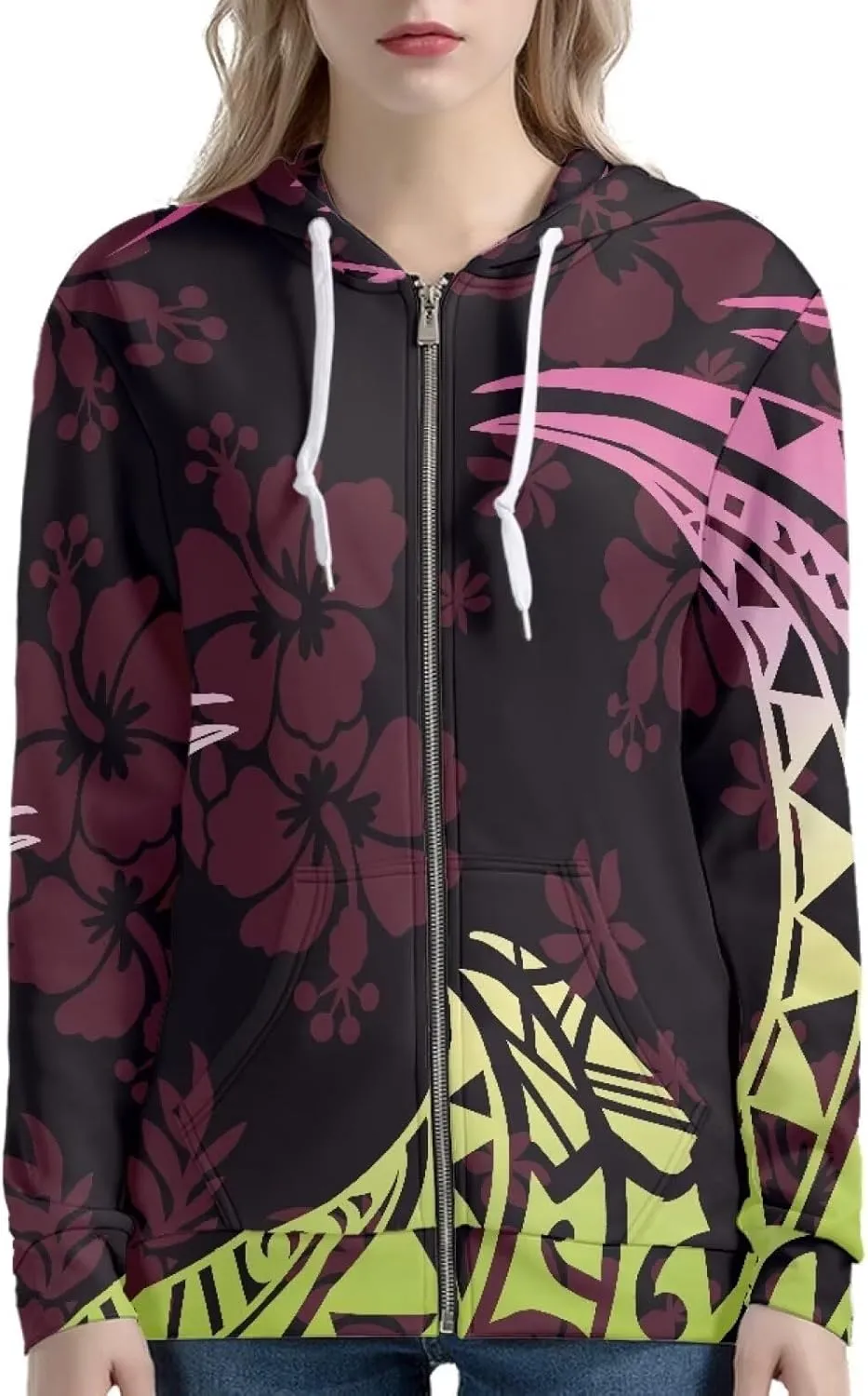 Pacific Island Art Tribal Zip Up Hoodie for Women Casual Polynesian Samoan Traditional Hooded Sweatshirt Jacket