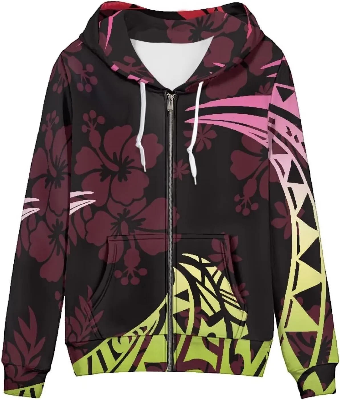 Pacific Island Art Tribal Zip Up Hoodie for Women Casual Polynesian Samoan Traditional Hooded Sweatshirt Jacket