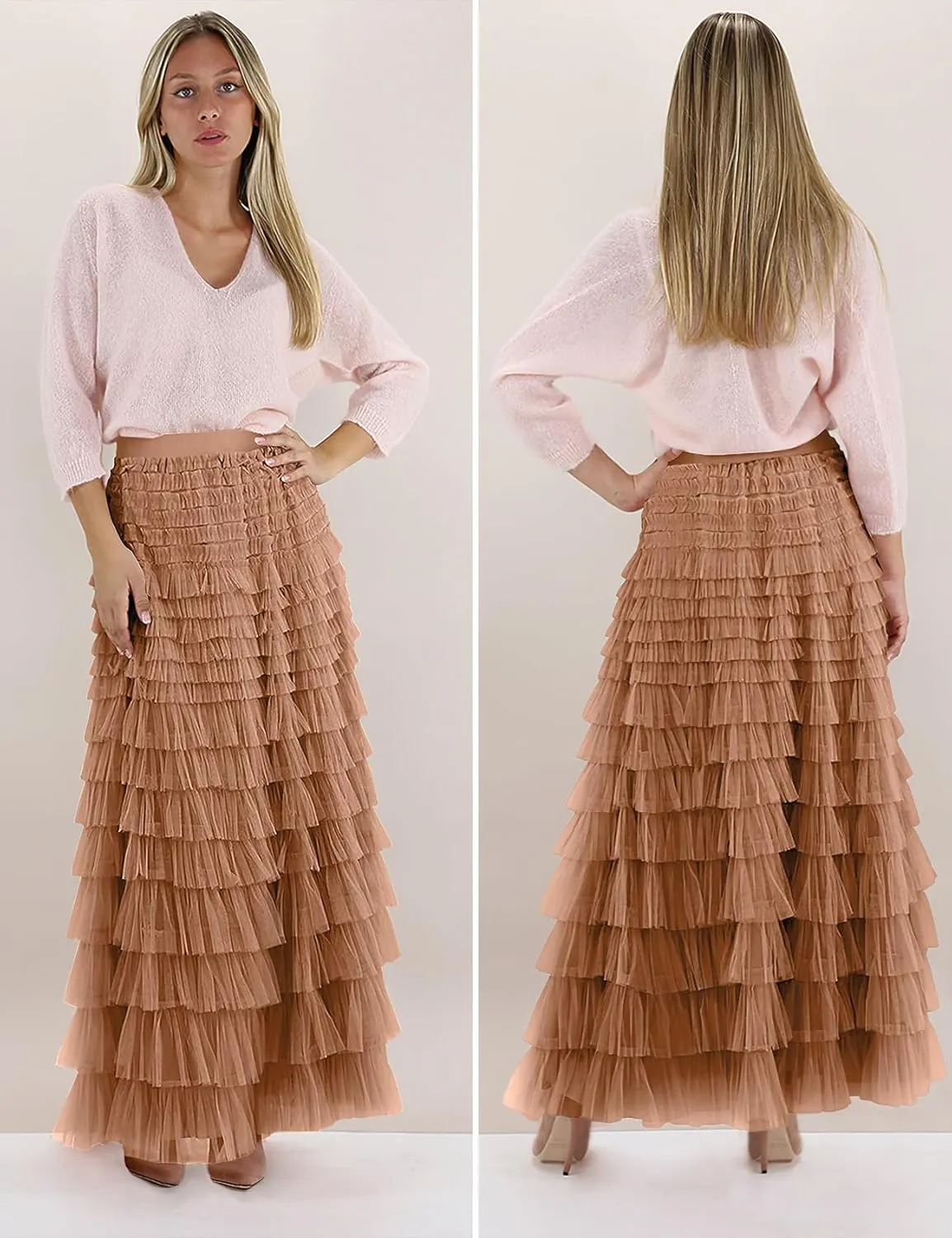 PEHMEA Women's Tiered Tulle Midi Skirt Elastic High Waist Flowy A-Line Maxi Skirts with Ruffle Layers for Party Wedding Daily