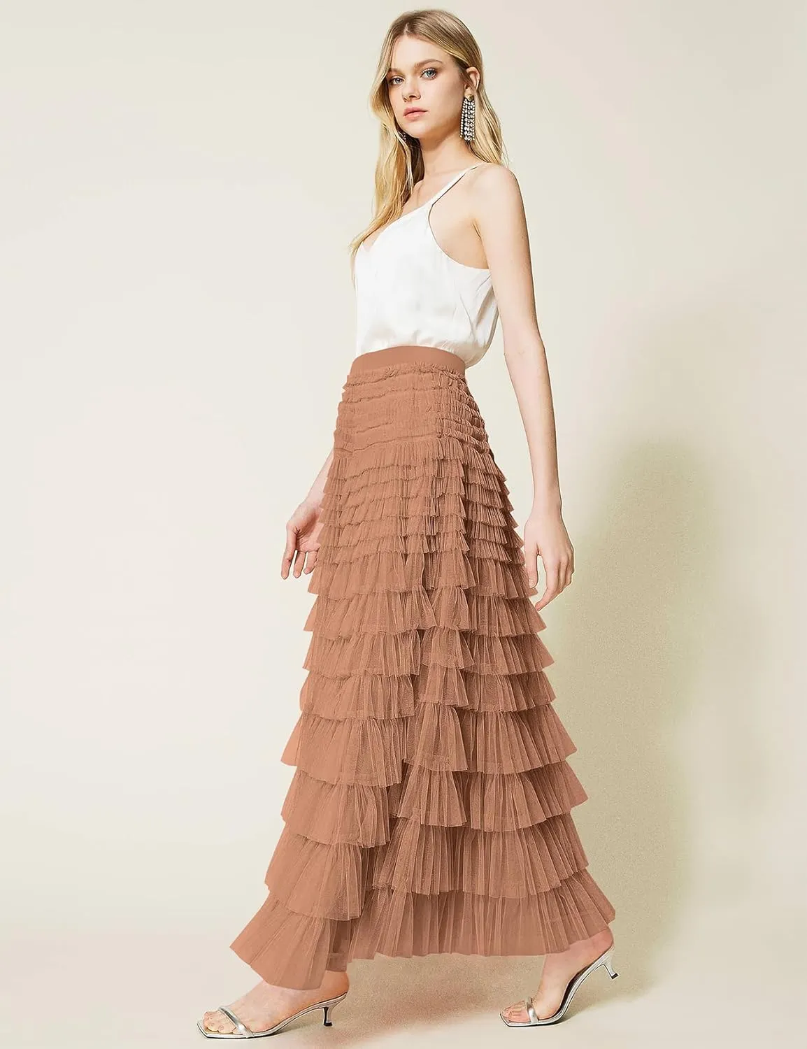PEHMEA Women's Tiered Tulle Midi Skirt Elastic High Waist Flowy A-Line Maxi Skirts with Ruffle Layers for Party Wedding Daily