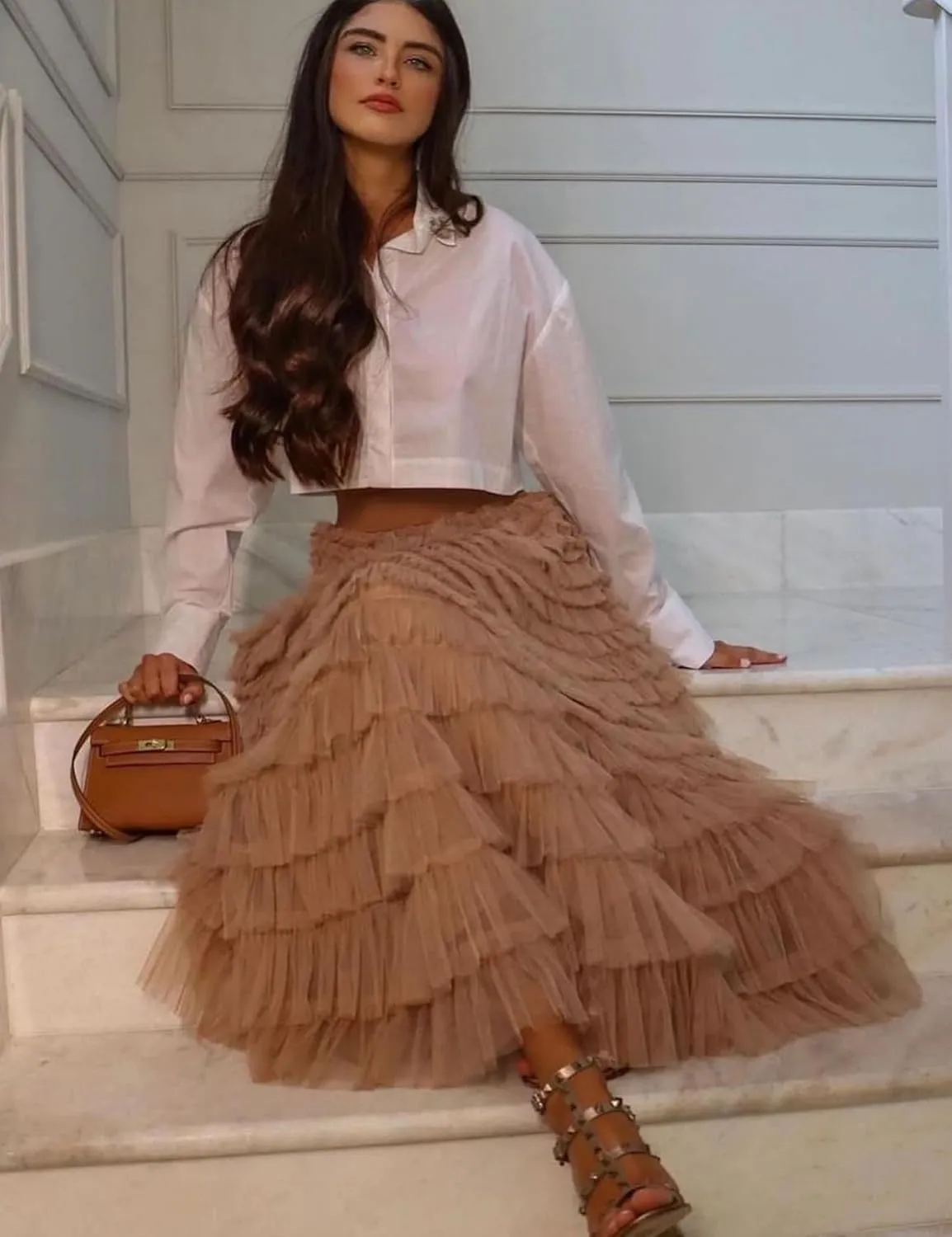 PEHMEA Women's Tiered Tulle Midi Skirt Elastic High Waist Flowy A-Line Maxi Skirts with Ruffle Layers for Party Wedding Daily