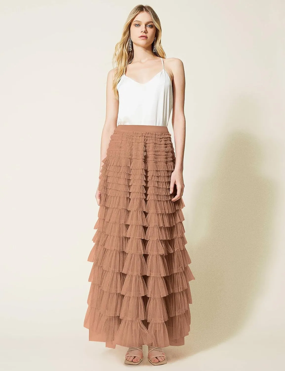 PEHMEA Women's Tiered Tulle Midi Skirt Elastic High Waist Flowy A-Line Maxi Skirts with Ruffle Layers for Party Wedding Daily