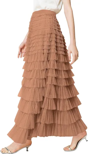 PEHMEA Women's Tiered Tulle Midi Skirt Elastic High Waist Flowy A-Line Maxi Skirts with Ruffle Layers for Party Wedding Daily