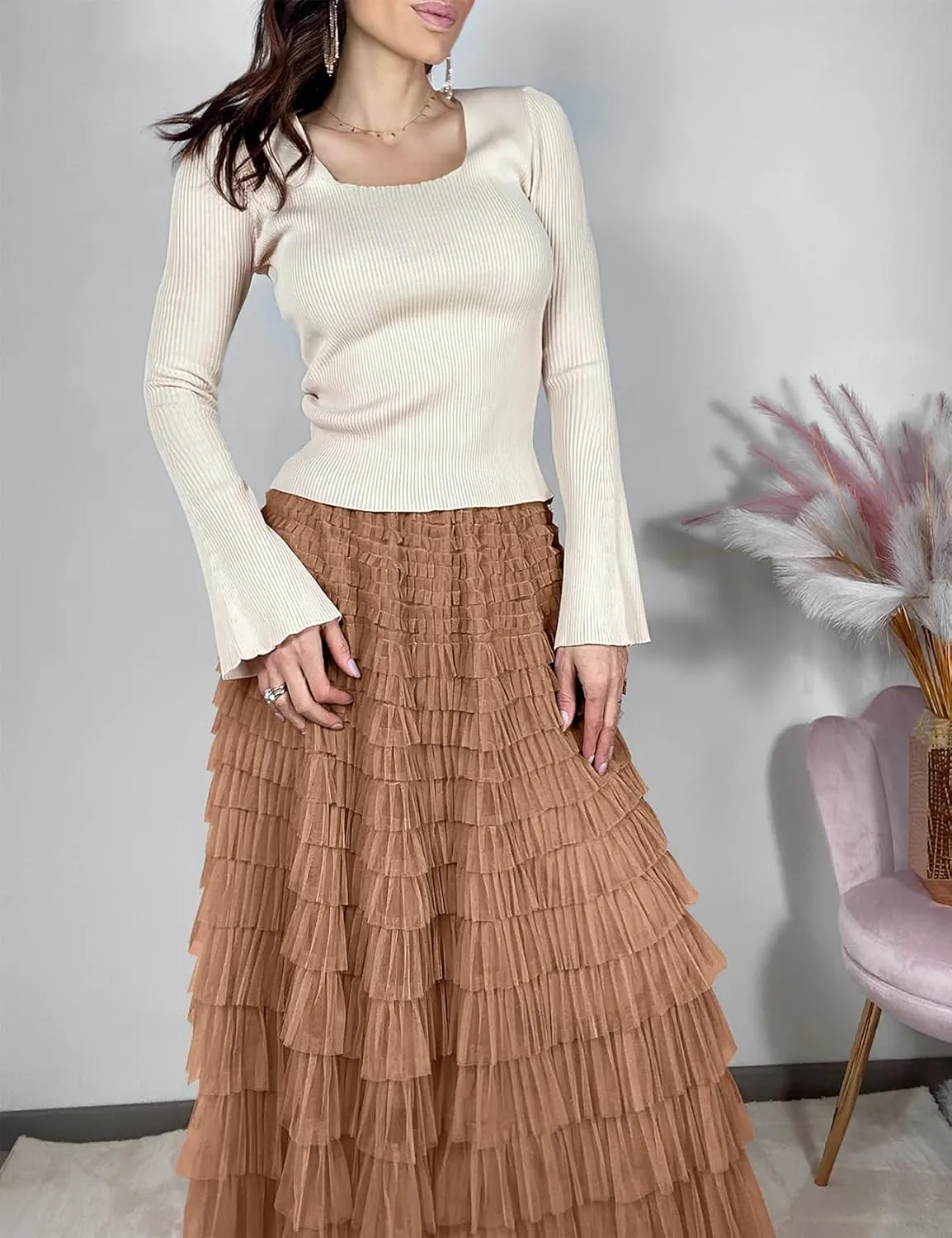 PEHMEA Women's Tiered Tulle Midi Skirt Elastic High Waist Flowy A-Line Maxi Skirts with Ruffle Layers for Party Wedding Daily