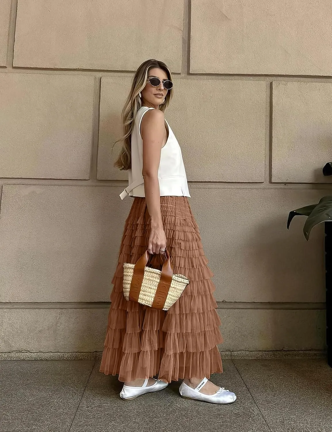 PEHMEA Women's Tiered Tulle Midi Skirt Elastic High Waist Flowy A-Line Maxi Skirts with Ruffle Layers for Party Wedding Daily