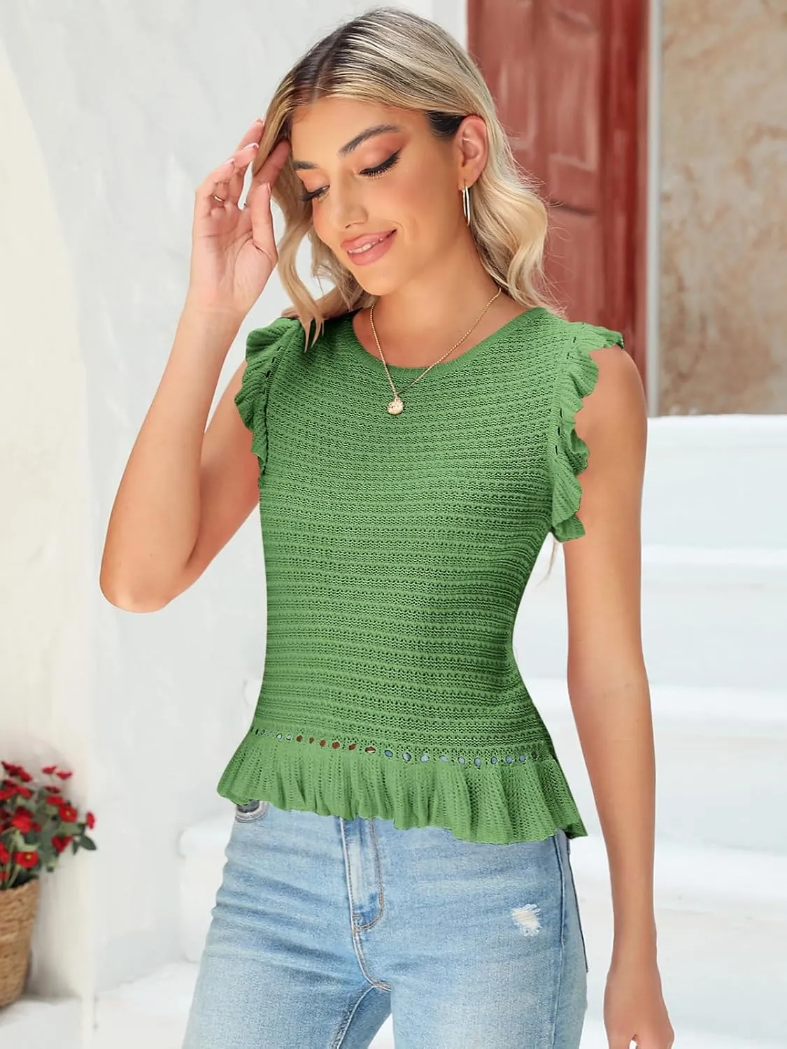 PiePieBuy Women's Summer Knit Tank Tops Crew Neck Sleeveless Cami Shirts Tees Ruffle Sweater Vest