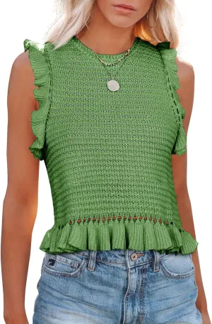 PiePieBuy Women's Summer Knit Tank Tops Crew Neck Sleeveless Cami Shirts Tees Ruffle Sweater Vest