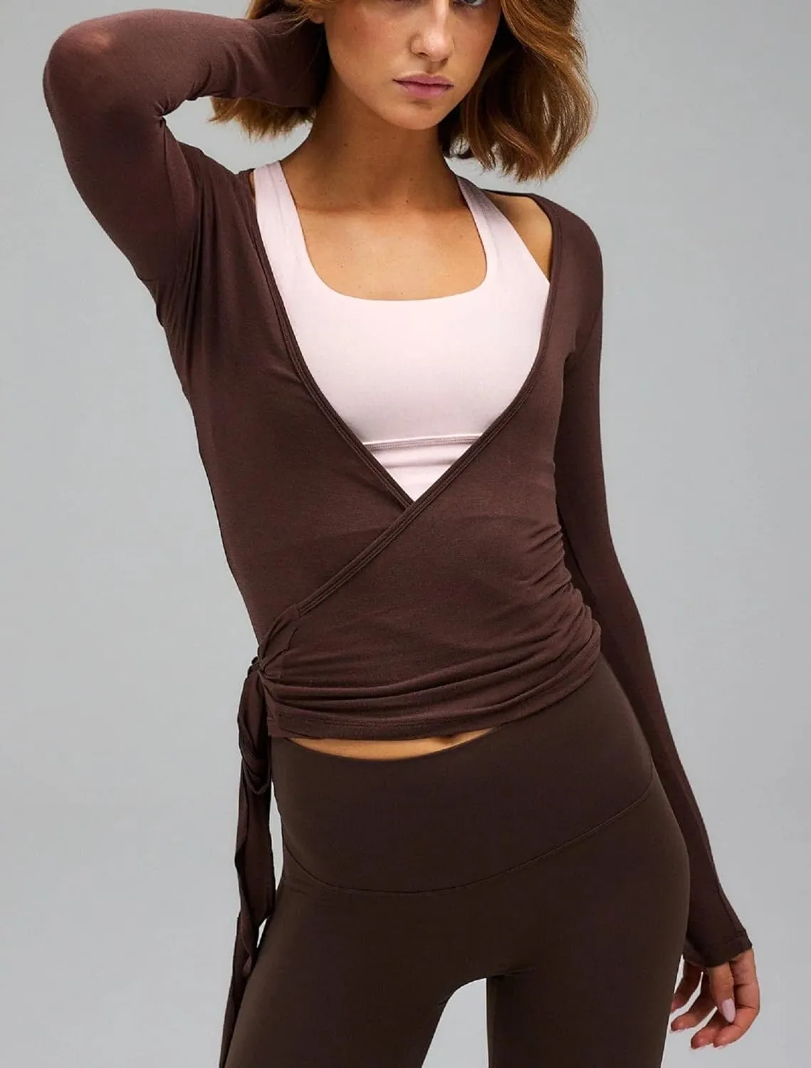 Pilates Ballet Wrap Tops for Women Y2K Long Sleeve Tie Front Yoga Shirts Slim Fit V Neck Bandage Workout Tops